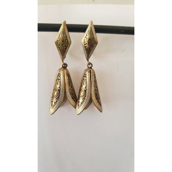 Hand Made Vintage Brass Etched Earrings Designer Earrings Stamped - Picture 7 of 10